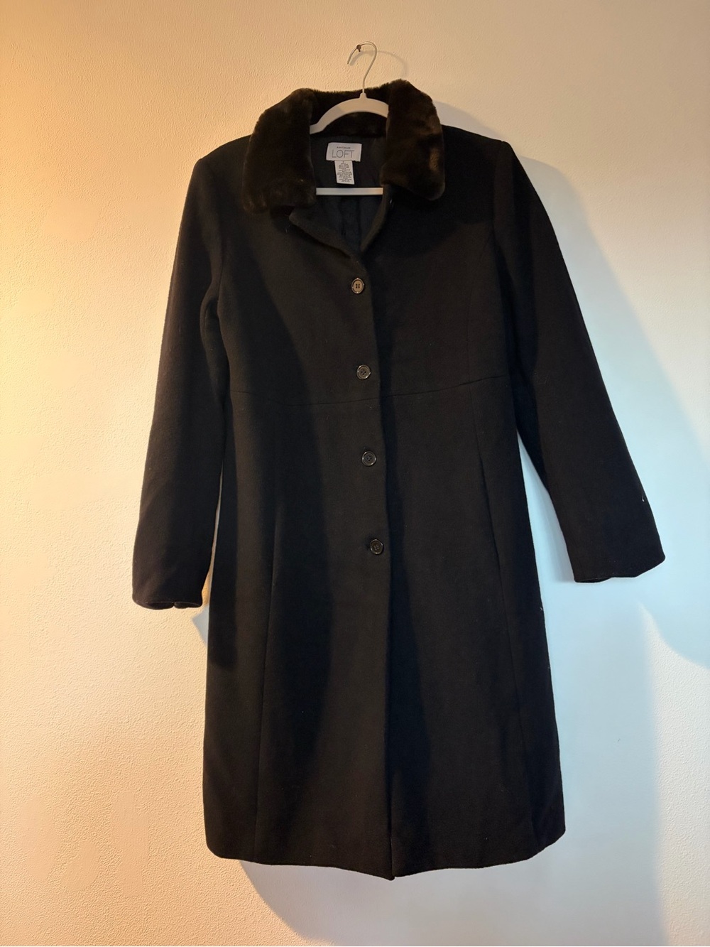 Ann Taylor Black Trench Coat with Faux Fur Collar